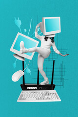 3d sketch image vertical collage of anonym girl guy instead head pc monitor addiction technology...