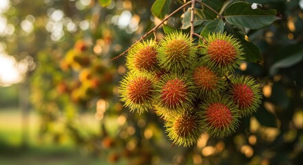 Fresh Rambutan Fruit Cluster Hanging on Tree Branch in Late Afternoon Light with Appealing Background Blur