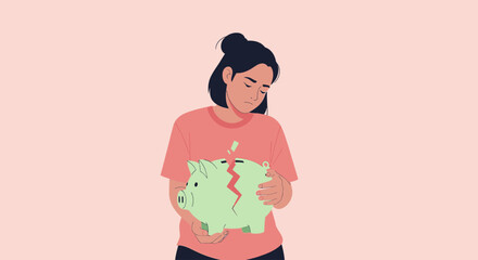 Flat minimalist illustration of a person holding a cracked piggy bank