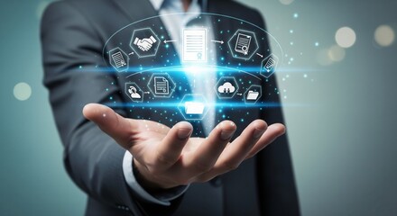 Realistic Hand with Floating Digital Business Elements – Workflow and Automation Concept