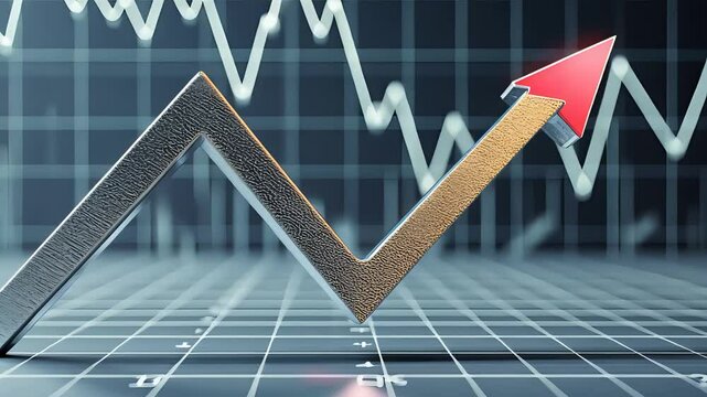 Red Arrow Pointing Upward on Graph with Rising and Falling Lines on Grid Background