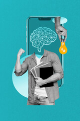 Zine creative vertical photo collage of anonym man instead head brain organ gpt chat ai app light...