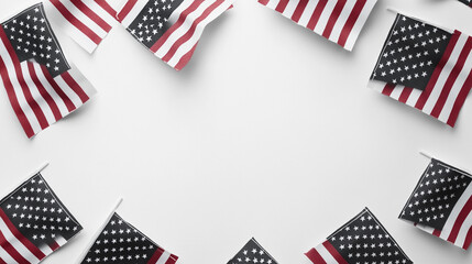 Obraz premium Minimal USA Paper Flags on White Background in Soft Light for Patriotic Themes, National Celebrations, or Memorial Holiday Visual Design