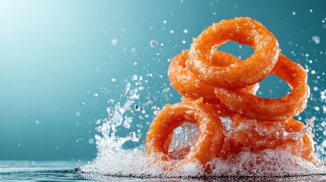 A stunning close-up of golden onion rings splashing into water, capturing the delightful texture and freshness, perfect for food-related content and culinary showcases.