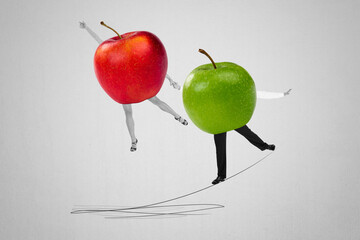Banner creative pop art collage of two anonym girl guy couple dance together instead body apple...