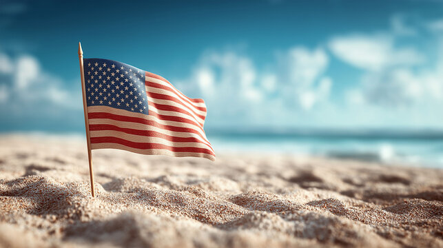 American Flag on Beach: A close-up shot of the American flag gently waving in the wind on a sandy beach, with the blue ocean in the background, embodying the spirit of freedom and patriotism.