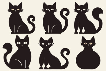 Black Cat Silhouette Illustration Set for Digital Art , Minimalist Black Cat Silhouette Vectors for Crafts