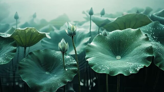 Dew-kissed lotus buds and leaves in serene pond