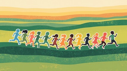 Happy Young Boys and Girls Running Across a Verdant Landscape, Symbolizing Growth and Freedom.