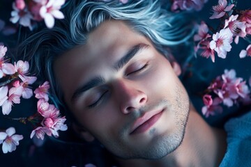Handsome young man inhaling the essence of cherry blossoms. Dark night and warm mystic light - complementary lighting, spring mood visual idea. Man in the middle of cherry blossoms.