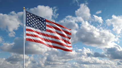 Obraz premium American Flag in Sky: The American flag waves proudly against a backdrop of fluffy clouds in a bright blue sky.