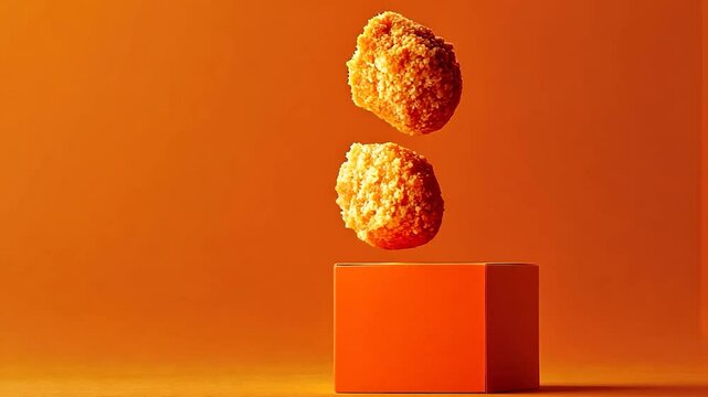Two crispy golden-brown nuggets levitate above an orange box against a matching backdrop