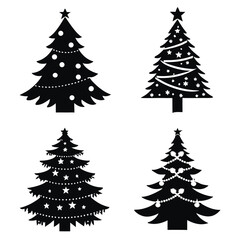 Four stylized Christmas tree silhouettes in black on a white background.