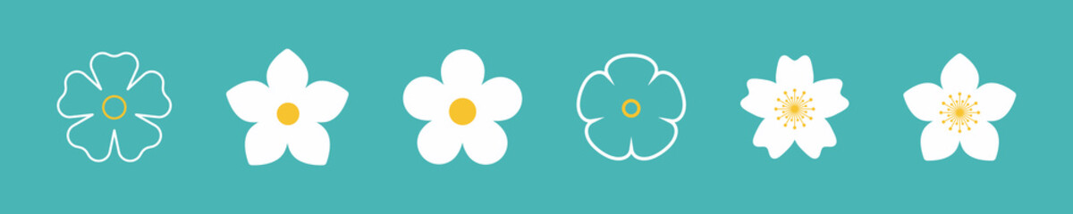 Flower icon set. Retro spring summer white flower design vector. Camomile. Cute round flower plant collection isolated on white background.