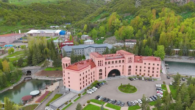 Aerial shot Jermuk city in Armenia. Drone shot Grand resort in Jermuk, Armenia, Caucasus.  Grand Resort Jermuk Hotel is a premier hotel and wellness complex. Content from tour agents. 