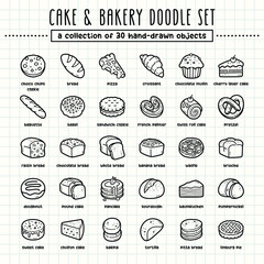 Cake and bakery hand-drawn doodle art illustrations and elements. felt-tip pen marker style on grid paper, great for various creative design uses.