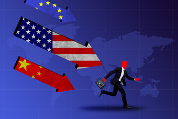 Composite sketch design artwork 3D photo collage of arrow point eu usa china point down businessman...