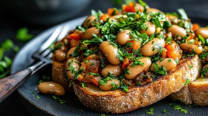 A mouthwatering close-up of delicious toast topped with beans and fresh greens, highlighting culinary artistry and the appeal of healthy dining choices in modern cuisine.