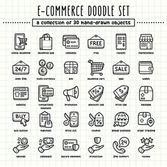 E-commerce hand-drawn doodle art illustrations and elements. felt-tip pen marker style on grid paper, great for various creative design uses.