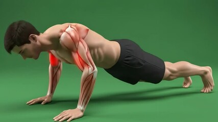 Animated Man Demonstrates Push-Up Exercise with Muscle Anatomy Overlay on Green Screen