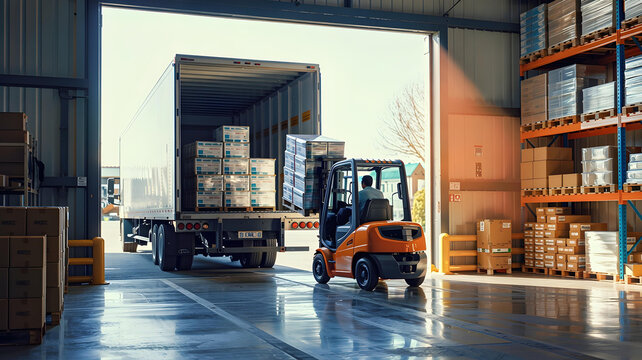Fototapeta Bright warehouse with semi truck and forklift loading boxes, warm and efficient scene.          