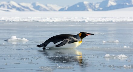 Obraz premium Majestic Emperor Penguin Gliding on Icy Surface with Stunning Background of Snowy Mountains and Clear Blue Sky