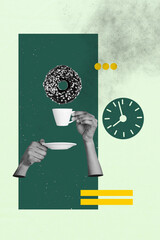 Poster abstract collage of beverage with sweet cookie near square picture on green color background
