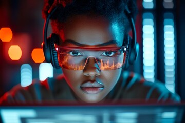 Background is a dark room with cloud hosts. Diagram reflections in her glasses. Programmer optimizing website speed. Visual design of female computer techie, computer technologies.