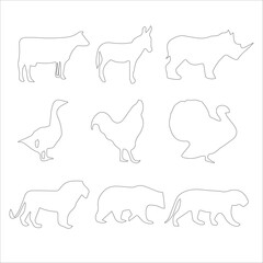 Minimalist Animal Silhouettes – Black and White Line Art Vector Illustration of Domestic and Wild Creatures

