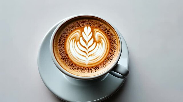A cup of latte art coffee on a saucer, viewed from above