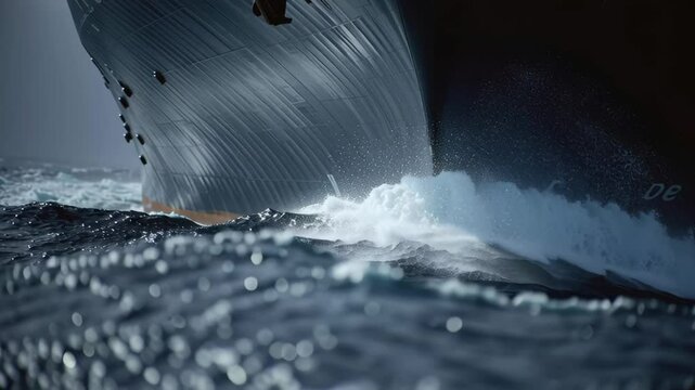 Closeup of a ships bow slicing through waves with droplets of water spraying off the hull emphasizing the aerodynamic design that minimizes wavemaking resistance during extended journeys.