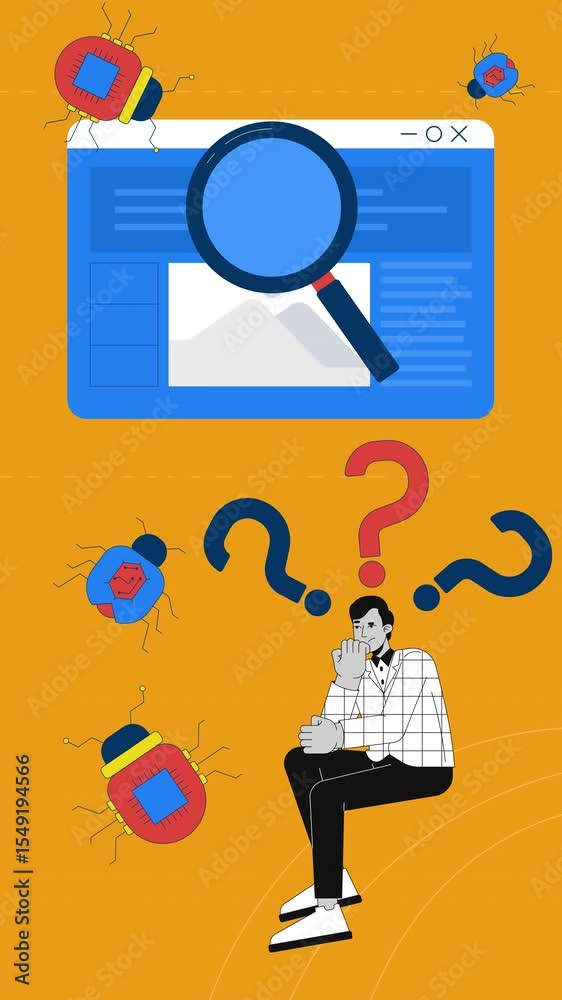 Aufkleber debugging in web site development 2d vertical animation. website testing. webpage developer identify