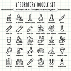 Laboratory hand-drawn doodle art illustrations and elements. felt-tip pen marker style on grid paper, great for various creative design uses.