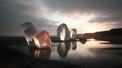 with giant shards reflecting distorted sky and glowing liquid ground