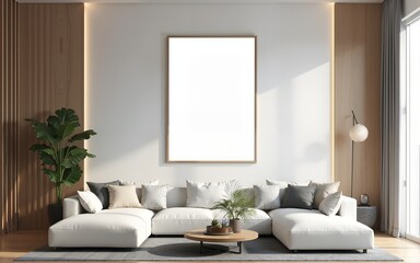 Mockup poster frame on the wall of living room. Luxurious apartment background with contemporary design. Modern interior design. 3D render, 3D illustration. High quality