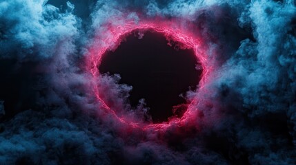 Fototapeta premium A captivating image showcasing a neon circle surrounded by dark clouds, symbolizing mystery and the fusion of reality and imagination in an abstract art form.