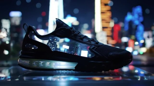 Close up of a black sneaker with a city skyline inside the shoe against a blurred city backdrop