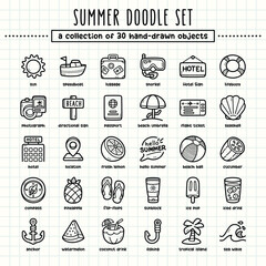 Summer hand-drawn doodle art illustrations and elements. felt-tip pen marker style on grid paper, great for various creative design uses.