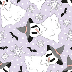 Retro Whimsical Sheet Ghost Snowmen in Witch Hat, bats and snowflakes Halloween Christmas fusion vector Seamless Pattern. Perfect for quirky holiday wrapping paper, spooky seasonal textiles, festive