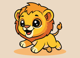 cute little lion with big eyes  running and and smiling happy