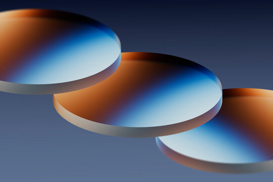 3D rendering of circular glass shapes with gradient patterns and refraction effects