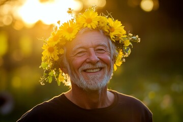 Handsome mixed-race old man wearing yellow flower crown on his head. Symbol of a happy sunny days. Golden hour in sunset. Happy adult on holiday. Happy traveler with a floral touch.