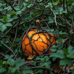 Twisted vines and branches ensnare a pumpkin in the underbrush, , mystery
