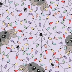 Whimsical Spooky Halloween Christmas Fusion vector Seamless Pattern with festive Garland Cobwebs and Cute Spiders. Ideal for quirky holiday decor, festive wrapping paper, party invitations, and creepy