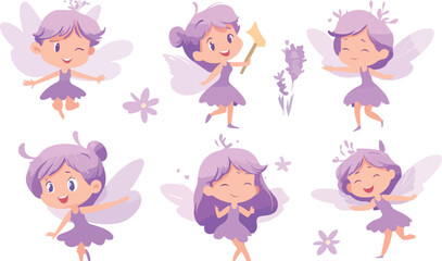 Fototapeta premium Cute Cartoon Fairy Girls Set with Lavender Hair and Wings