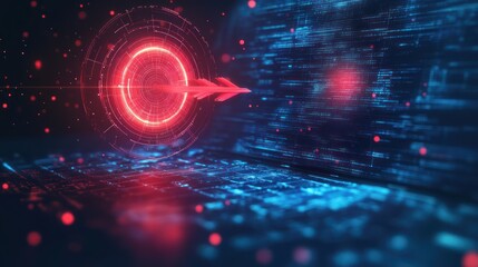 Red arrow hitting digital target on laptop, code background, cybersecurity concept