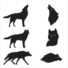 Wolf Silhouettes Collection – Howling, Prowling, and Stalking Wolves in Black Vector Style

