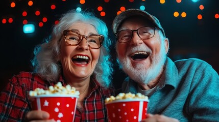 Two joyful seniors sharing a moment at the cinema, each holding popcorn, embodying love, laughter, and the joy of companionship and memories.