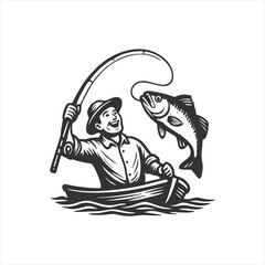 Triumphant Fisherman in Boat Catches a Jumping Bass - Vintage Vector Illustration