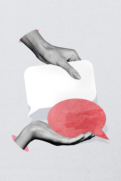 3D collage design composite trend artwork sketch of body two hand hold talk dialog comment bubble speech cloud conversation network